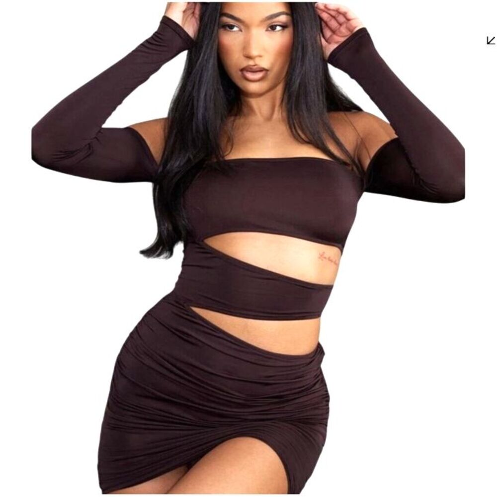 PrettyLittleThing Chocolate Slinky Cutout Bardot Bodycon Mini Dress Size 4